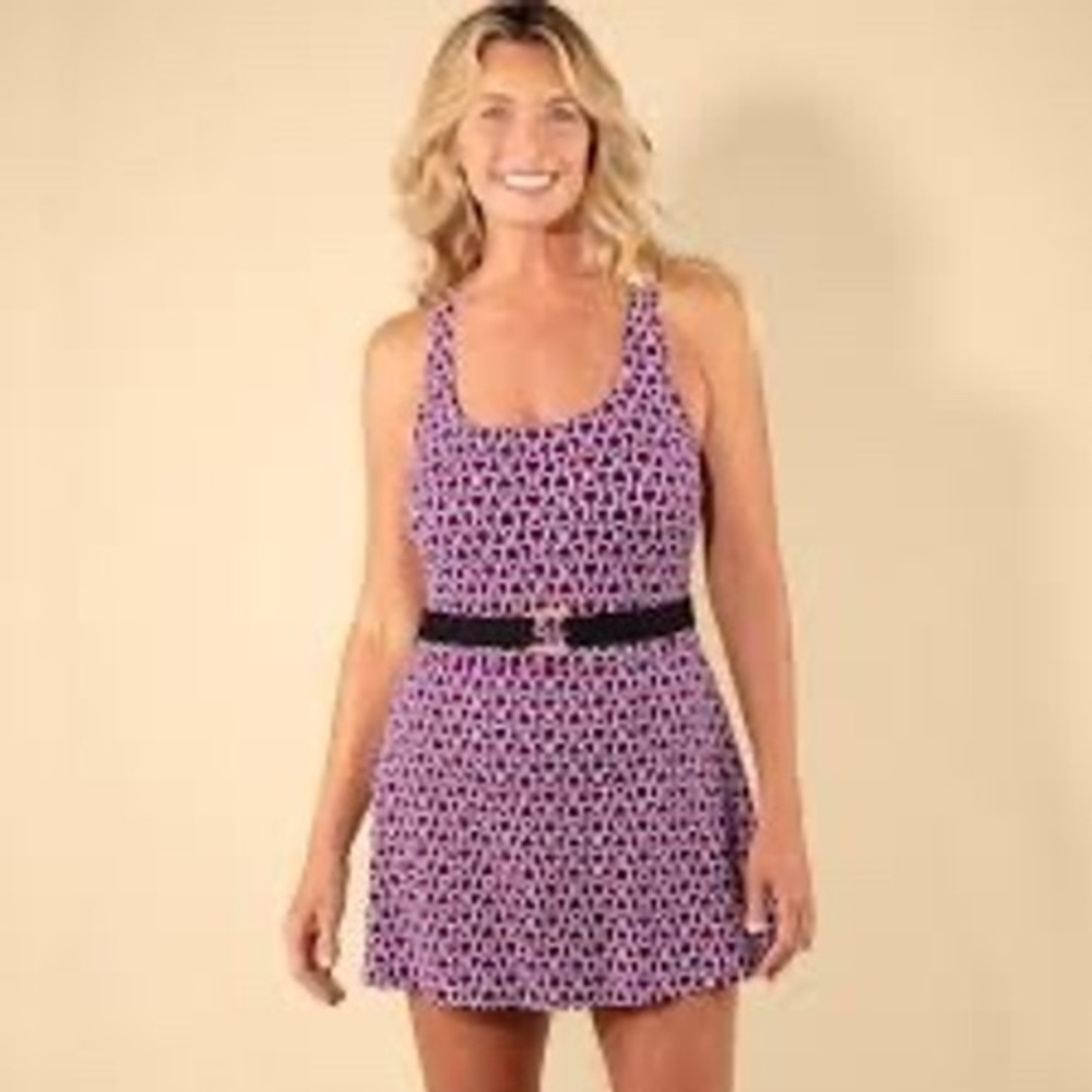 Lands End Womens XS Swim Dress Geometric Purple White Black Belted 515207